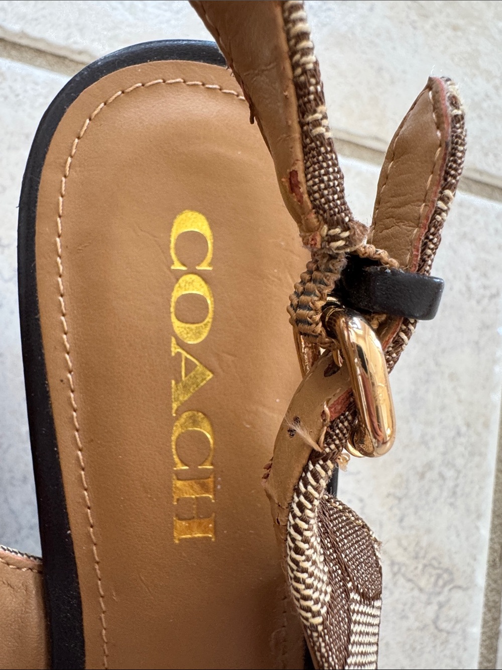 COACH Brown Signature Canvas Peep-Toe Slingback Wedges - Picture 7 of 10
